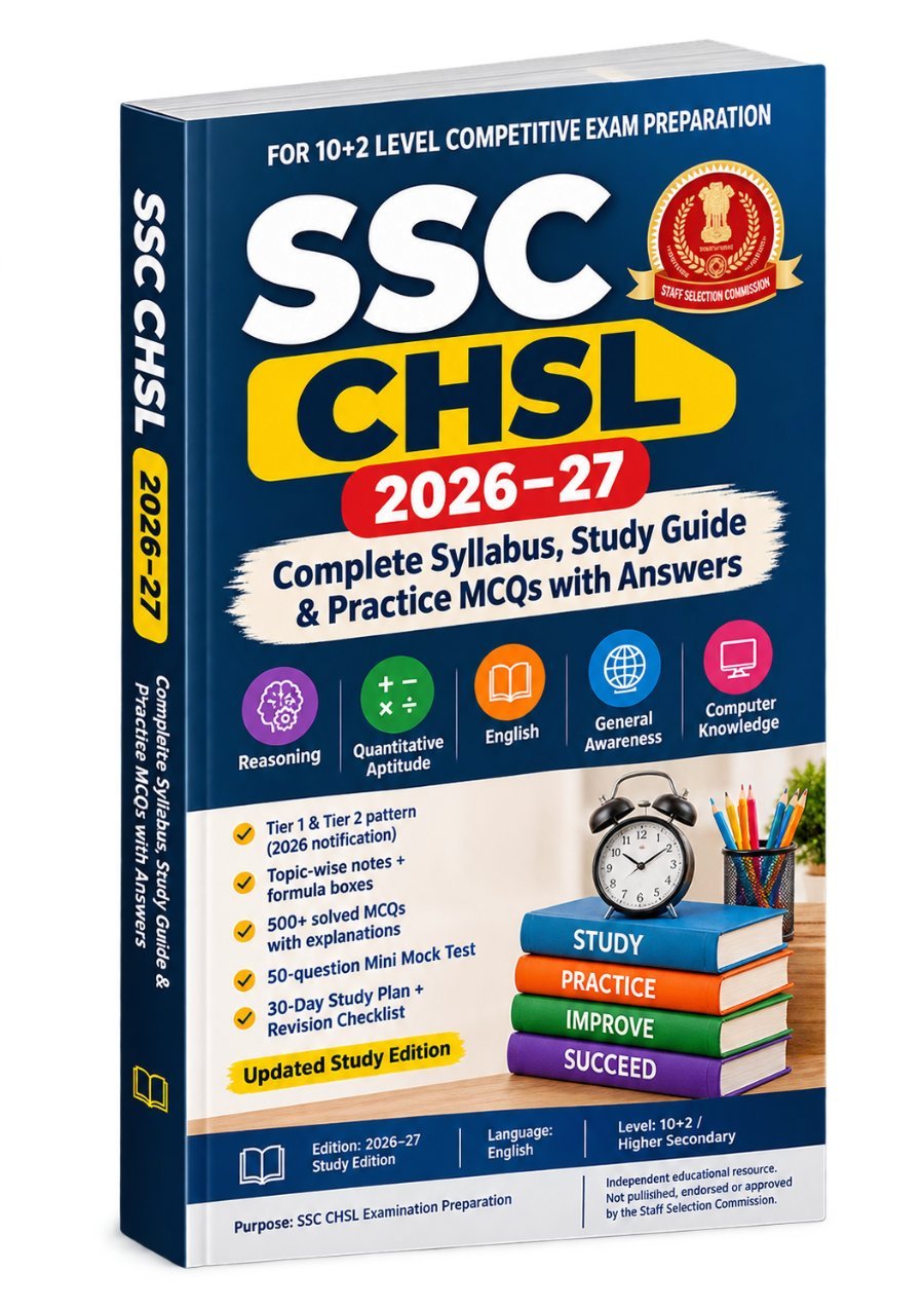 Cover of the SSC CHSL 2026–27 eBook: Complete Syllabus, Study Guide & Practice MCQs with Answers